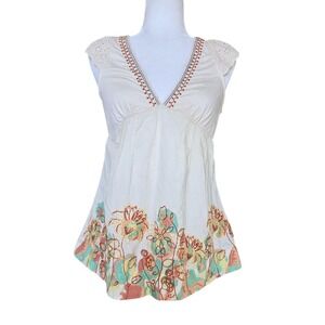 Vtg y2K Lulumari White Floral Tunic Babydoll Women's Cotton Boho Sleeveless Tank